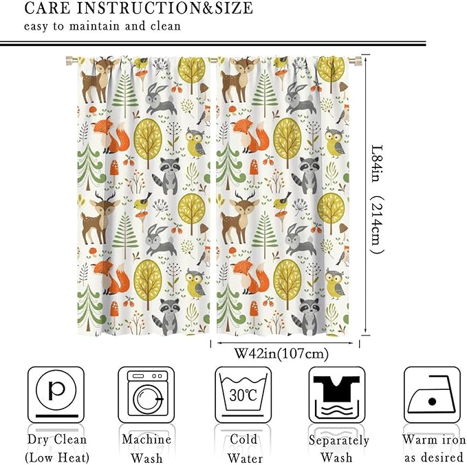 Kids Safari Animal Curtains Boy Girl Bedroom Decor Cartoon Woodland Bear Child Nursery Colorful Wildlife Jungle Forest Living Room Window Drapes Fabric 2 Panels 84W x 84L Inch