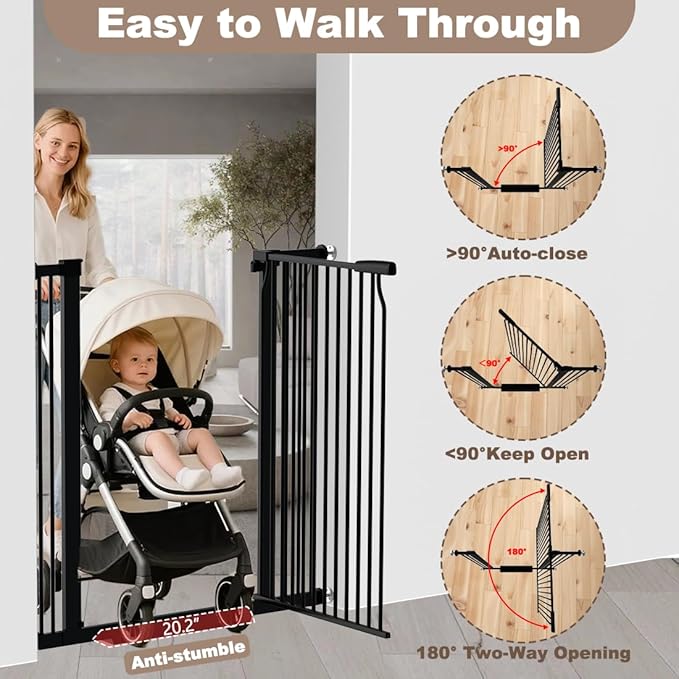 40.55" Extra Tall Dog Gate for Doorways Stairs, 60.3-62.9 in Wide Baby Walk Thru, Pressure Mounted Pet No Drill, Large Doggie With Door, Auto Close Indoor, Black