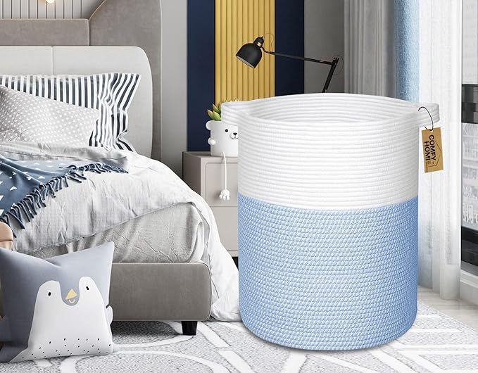 COMFY-HOMI XXL Large Laundry Basket with Handles Blanket Baskets Living Room|Woven Cotton Rope Decorative Basket Laundry Hamper Baby Basket Nursery Dog Toy Storage Organizer Bin-16”x18”-White/Blue