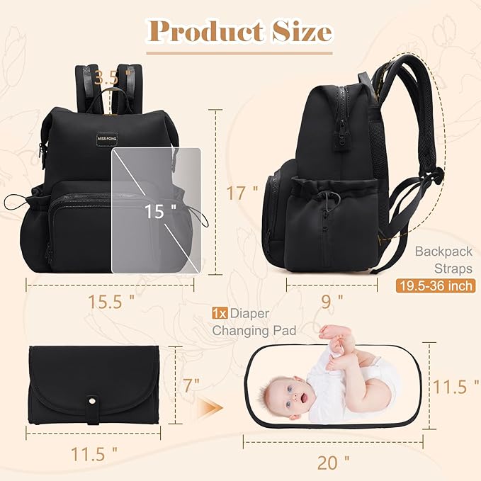 miss fong Diaper Bag Backpack - Baby Diaper Bag Neoprene Bag Large Capacity Neoprene Backpack with Diaper Changing Pad Pañaleras Para Bebe Baby Backpack with 12 Pockets for Mom & Dad -Black
