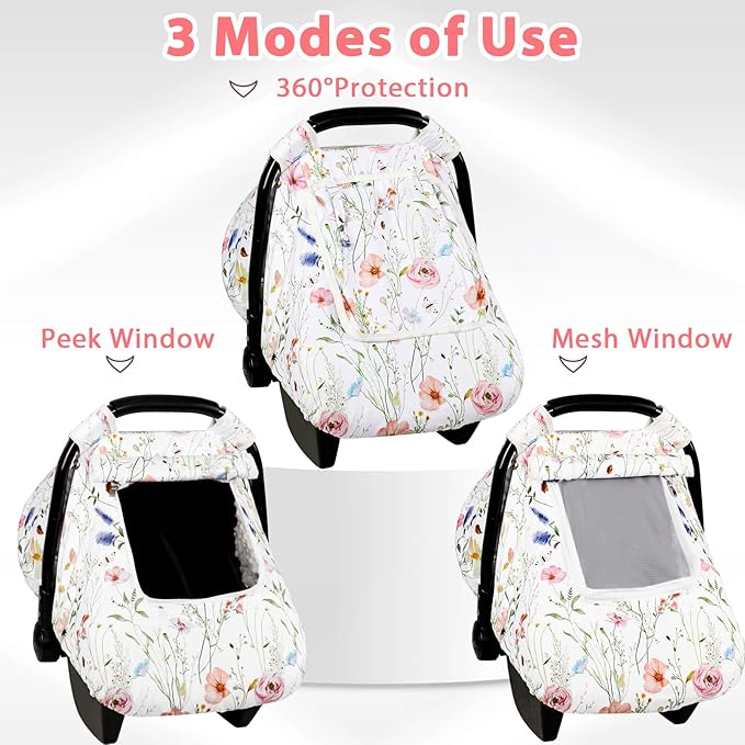 Car Seat Cover Baby, Anti-Kick Carseat Covers Baby Girl, Warm Minky Infant Car Seat Canopy with Mesh Window, Multi-Use Cover Protecting Baby from Wind, Sun, Strangers, White Flowers