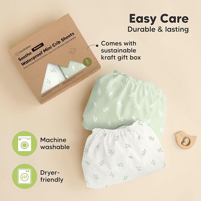 2 Pack and Play Sheets, Waterproof Mini Crib Sheets Fitted - 38x26 Organic Cotton Pack N Play Sheets for Graco Pack and Play Mattress, Playard Baby Crib Sheets, Neutral for Boy, Girl, Toddler (Herb)