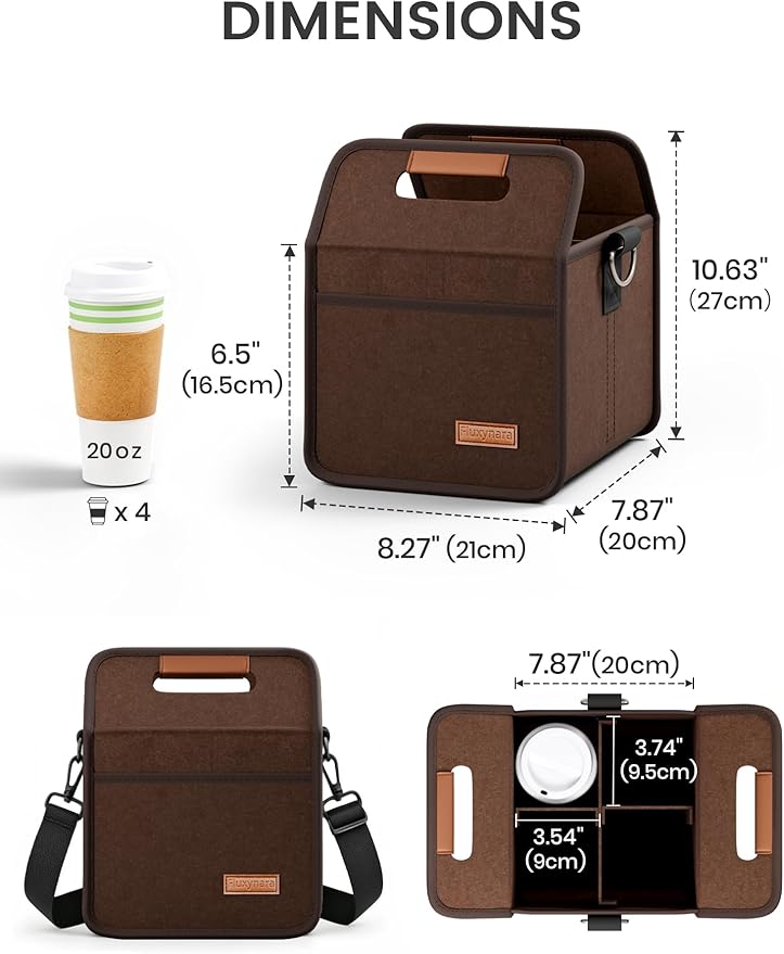 Fluxynara 4-Cup Reusable Felt Drink Carrier with Handle and Adjustable Shoulder Strap, Drink Holder for Car, Multi-Cup Drink Carrier Bag for Delivery, Travel, Picnics (Coffee Brown)