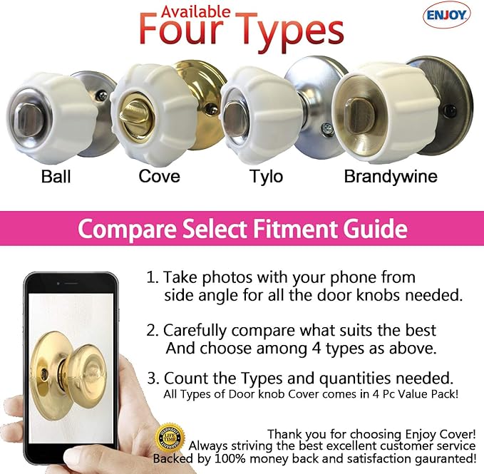 New Enjoy Cover - Door Knob Cover Grips Non Slip Arthritis & Senior Living Aids Grippy Easy Open Decorative. Simple Functional Effective Solution- 4 Pack (White, Tylo)