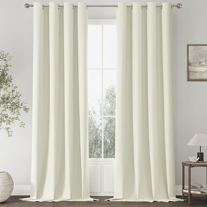 ChrisDowa 100% Blackout Ivory Solid Curtains 108 Inches Long 2 Panels for Bedroom Living Room,Farmhouse Room Darkening Thermal Insulated Soundproof Grommet Top Window Treatment Drapes,52x108