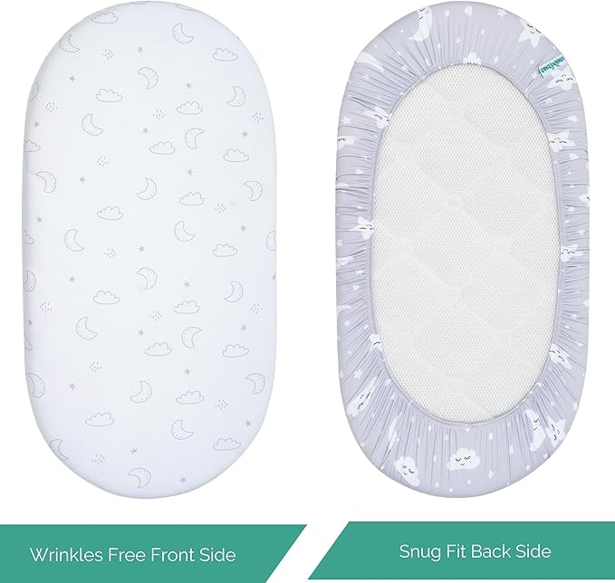 Bassinet Sheets for Maxi COSI Iora, Munchkin Brica Fold N' Go, 4moms MamaRoo, Delta Children Bassinet, 3PC, 18 x 33 Inch, Ultra Soft, Breathable, Snug Fit, Unisex Boys Girls (Moon, Stars, Clouds)