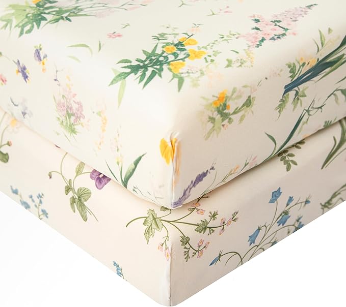 SDIII Floral Pack N Play Sheets Fitted 2 Pack Stretchy Microfiber Jersey Knit Flower Mini Crib Sheets for Mattress 38x26 Soft Toddler Playard Bedding