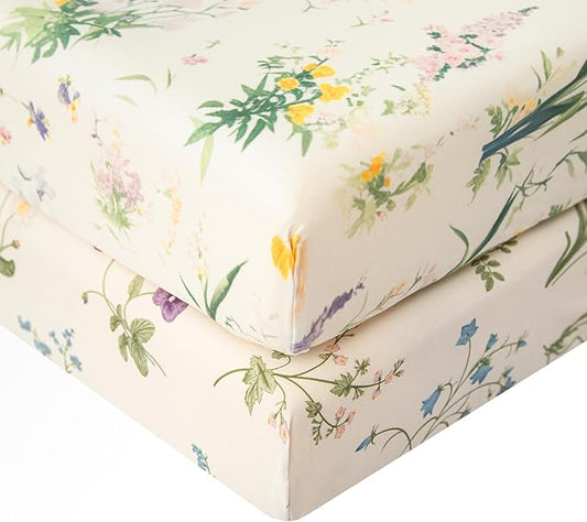 SDIII Floral Pack N Play Sheets Fitted 2 Pack Stretchy Microfiber Jersey Knit Flower Mini Crib Sheets for Mattress 38x26 Soft Toddler Playard Bedding