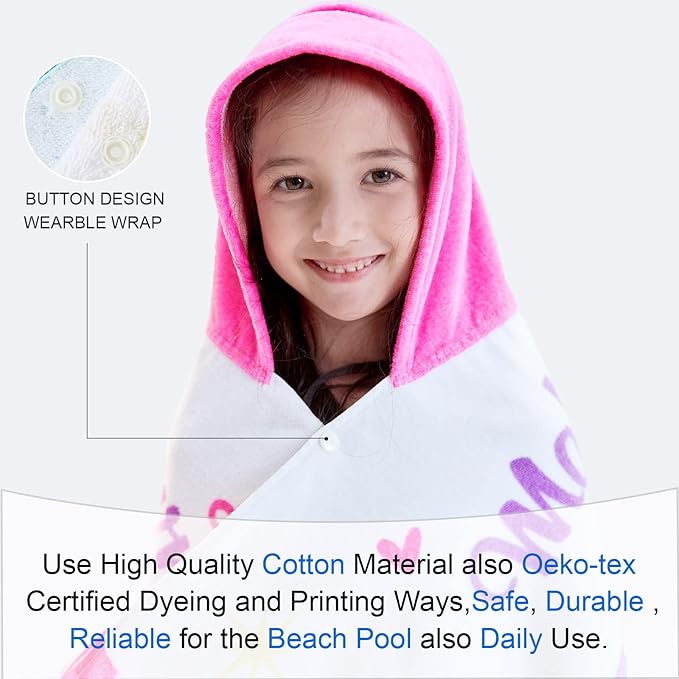VOOVA & MOVAS Kids Towels with Hood Age 3-8, 30''X50, Soft | Thick | 100% Cotton | Absorbent | Large Wrap| Cover Up, Perfect for Beach, Pool, Bath, Swim, White Magic Unicorn