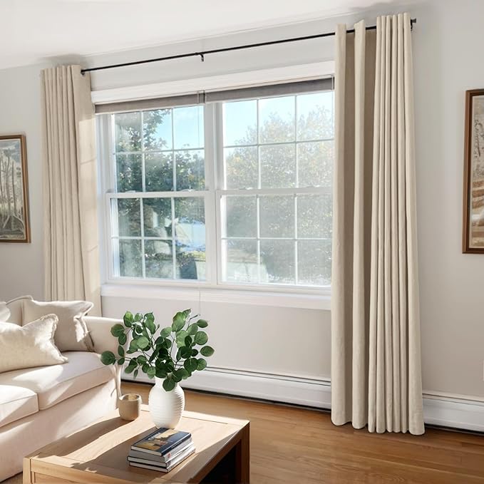 100% Blackout Shield Linen Blackout Curtains for Bedroom, Natural Flax Grommet Curtains for Living Room, Thermal Insulated Room Darkening Drapes for Nursery, Boho Home Decor, 50" W x 63" L, 2 Panels
