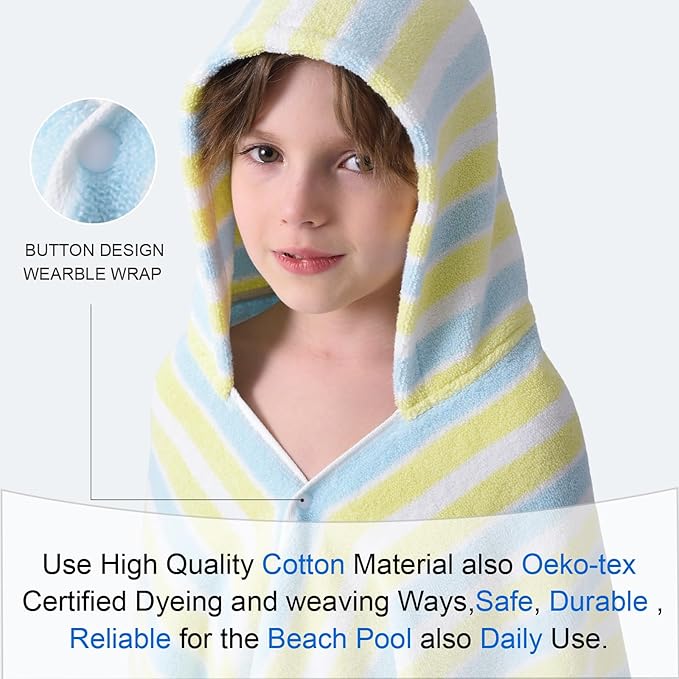 VOOVA & MOVAS Toddler Towels for Boys - 100% Cotton (3-10Years) - Quick Dry Absorbent Lightweigh Hooded Wrap Towel for Pool | Swim | Beach | Bath, Yellow Blue Stripe