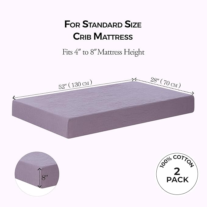 Dreamology Muslin Crib Sheet, for Baby Girls,Boys,2 Pack, Soft, Standard Crib Sheet,100% Cotton Crib Sheets for Standard Cribs, Toddler Bed Sheets, 52x28 Crib Sheets | Purple,Pink