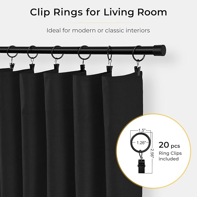 INOVADAY 100% Blackout Curtains for Bedroom, Black Out Curtains 84 Inch Long, Clip Rings Linen Blackout Drapes, Thermal Insulated Room Darkening for Living Room, 1 Panel - Black,W102xL84