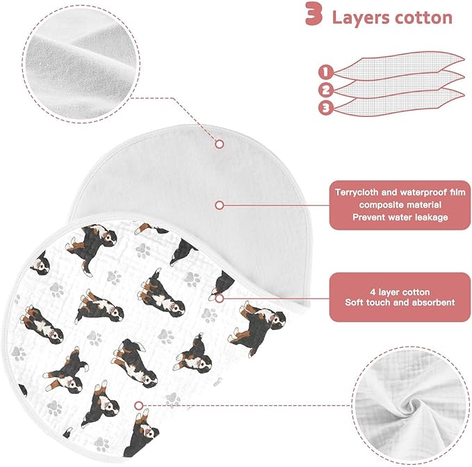 1 Pack Muslin Burp Cloths Bernedoodle Dogs White Cotton Baby Burp Cloths Ultra Absorbent and Soft Thick Burping Cloth for Newborn Baby Boys Girls 22x11 Inch