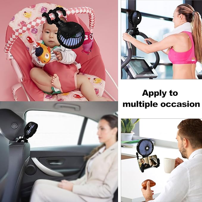 TRELC Mini Stroller Fan, 19H Ultra-long Battery Life, Personal Handheld Clip on Portable Rechargeable Fan with Flexible Tripod, Gift for Children Baby Office Room Car Travel BBQ Gym (Black)