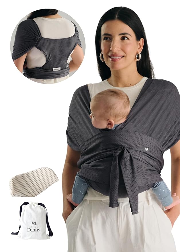 Konny Baby Carrier Flex AirMesh with Head Support - Adjustable, Easy to Wear, Hands-Free Breathable Baby Wrap Sling, Perfect for Newborn Babies Essentials up to 44 lbs (M-4XL) -Charcoal