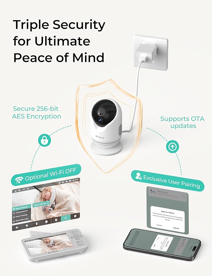 Dr.Care VistaView Lite Smart WiFi Baby Monitor - 4" 720P Split Screen & 1080P Camera App Control, Motion Alerts, HD Night Vision, Triple Security, 2-Way Talk, Video Recording, Multi-User