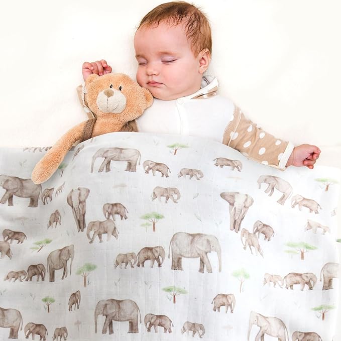 LifeTree Baby Swaddle Blankets, Boys Girls Muslin Swaddling Wrap Receiving Blanket for Newborn, 70% Viscose from Bamboo and 30% Cotton, Large 47" x 47", Elephant and Tree Pattern