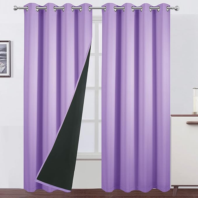 LEMOMO 100% Blackout Curtains 52 x 84 Inch/Lavender Curtains 2 Panels with Black Lining Room Darkening Thermal Insulated Bedroom Curtains
