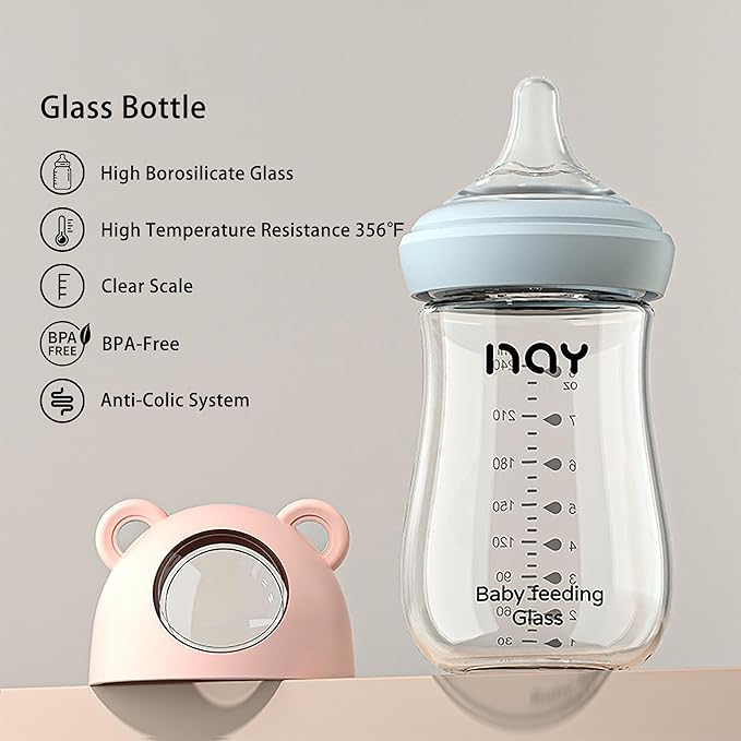 yanyoyo Natural Glass Baby Bottle for Breastfeeding Babies, 8oz Anti-Colic Baby Bottle with Natural Response Nipple(M), Clear, Wide Neck, 2 Pack, 3 Months+