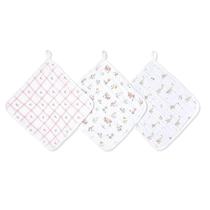 aden + anais Essentials Washcloth 3-Pack, Super Soft 100% Cotton Muslin, Gentle on Skin, 3 Absorbent 11x11 Layers, Softer with Every Use, Perfect for Babies, Infants, Toddlers, Country Floral