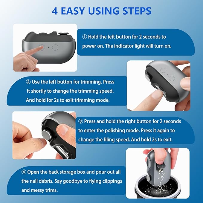 Smart Electric Nail Clipper, 3-in-1 Automatic Nail Trimmer & Polisher with 2 Speeds, LED Light, Rechargeable Nail Clippers for Seniors, Low Vision, Women, Men and Kids (Gray)