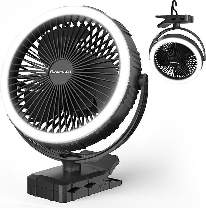Camping Rechargeable Fan, Battery Operated with Timer, Powerful Airflow Portable Fan, Strong Clip Fan with Light & Hook for Tent Outdoor Travel BBQ Hurricane Power Outage