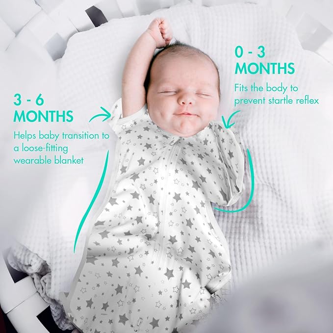 Baby Swaddle 3-6 Months - Arms Up Transitional Swaddles, Transition Swaddle Sack with Removable Cuffs & 2-Way Zipper, Gray Stars Design, Breathable Cotton Newborn Sleep Sacks