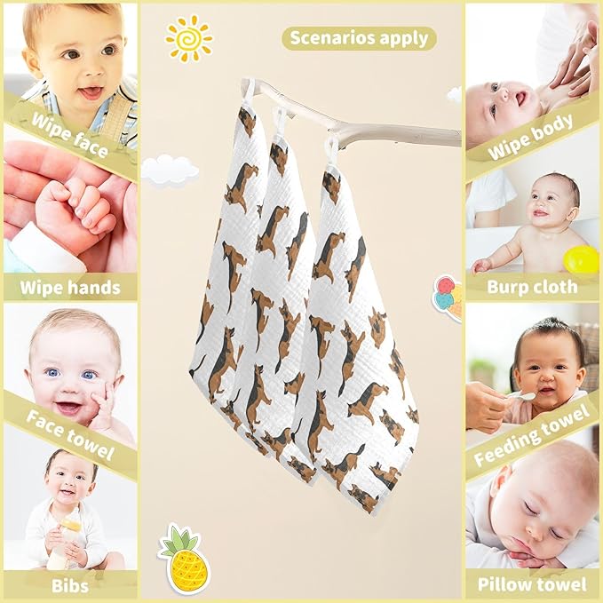 vvfelixl Baby Cotton Washcloths German Shepherd Dogs Infants Bath Towel for Unisex Face Towels for Newborn, Natural Baby Wipes Delicate Skin, 11.8 X 11.8 inch, one sizex5