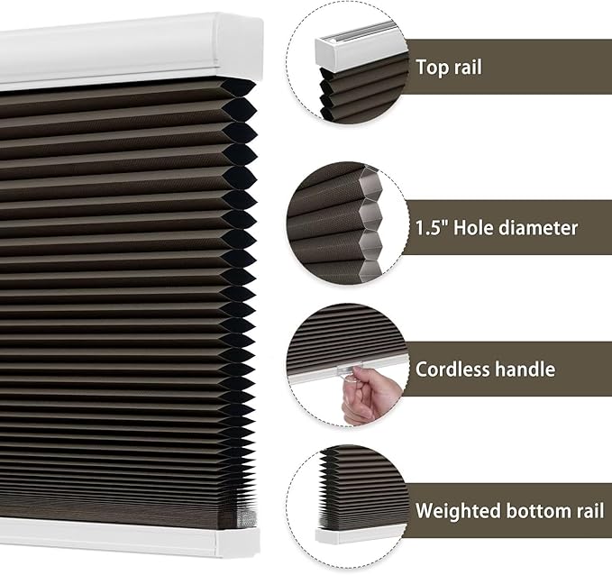 Changshade Cellular Shades Cordless Blinds Blackout for Indoor Windows, Honeycomb Blind Room Darkening Shade 1.5'' Single Cell Pleated, Easy to Install Shade Size 19" Wide x 36" Height, Taupe