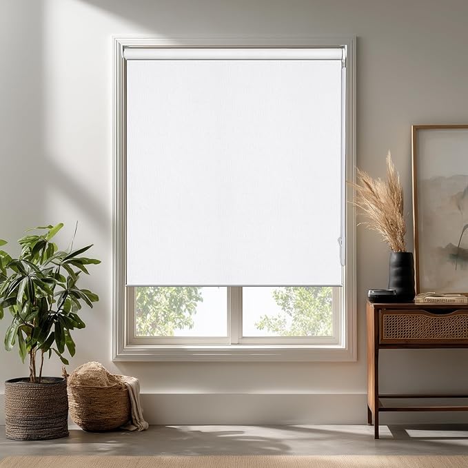 Allbright Linen Roller Shades with Wand Rod, Cordless Fabric Roller Blinds with Thermal Insulated, 100% Blackout Window Shades for Home, Office, Bedroom, White, 25" W x 72" H