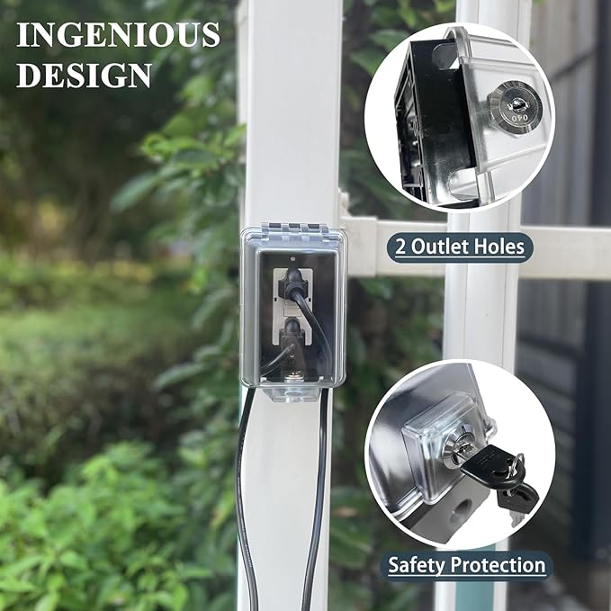 Universal Weatherproof Electrical Outlet Cover with Lock, Baby Proof Outlet Lock Box, Fits Most 2.6 "H x 2.56 "W or Smaller Plugs, Clear Outlet Waterproof Cover Box Fit for Outdoor In-Use