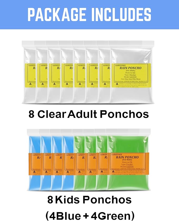 Rain Ponchos for Adults, Kids & Family - 4, 8, 9 & 16 Pack Options - Extra Thick, Tear-Resistant with Hood