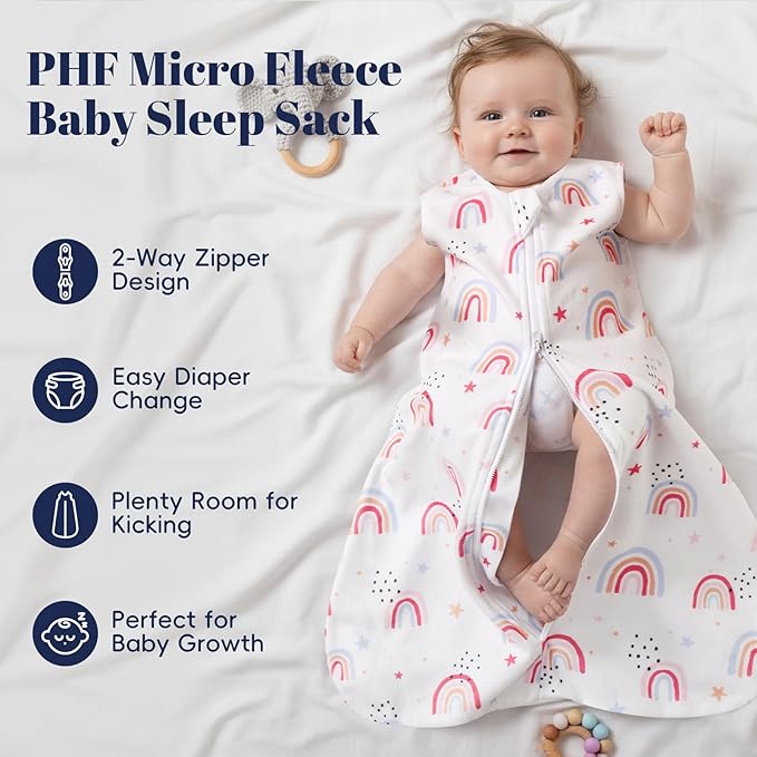 PHF Warm Micro-Fleece Baby Sleep Sack 0-6 Months, Soft Baby Wearable Blanket, 2-Way Zipper Sleeping Bags, 2 Pack Comfy Toddler Sleeping Sack for Girls, Small Size, Rainbow