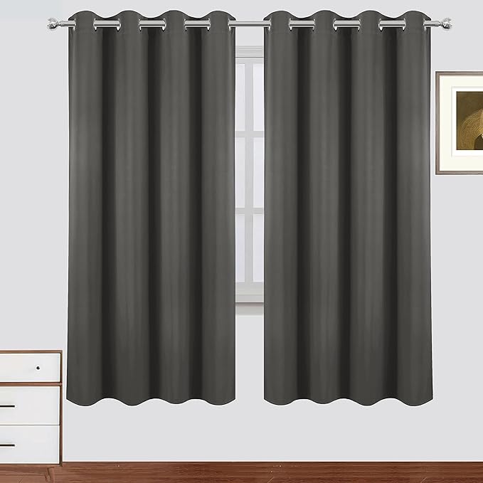 LEMOMO 100% Blackout Curtains 52 x 72 Inch Grey Curtains 2 Panels Darkening Thermal Insulated Bedroom Curtains