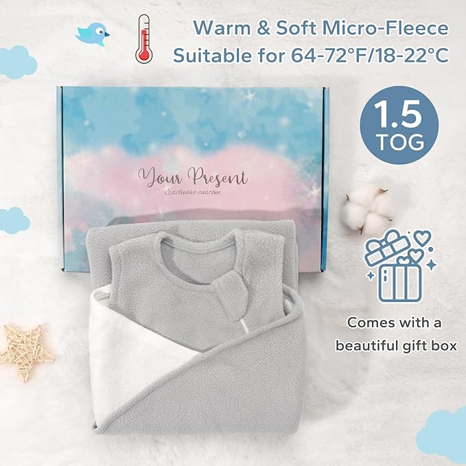 ZIGJOY Swaddle Sleep Sack Newborn 1.5 Tog Fleece Wearable Blanket Baby 0-6 Months - Lightweight MicroFleece Winter Sleeping Sacks Bag for Infant Girl Boy Gifts, Grey