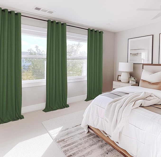 100% Blackout Shield Linen Blackout Curtains for Bedroom, Moss Green Grommet Curtains for Living Room, Thermal Insulated Room Darkening Drapes for Nursery, Boho Home Decor, 50" W x 108" L, 2 Panels