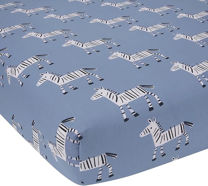 Lambs & Ivy Signature Zebra Blue Organic Cotton Breathable Fitted Crib Sheet