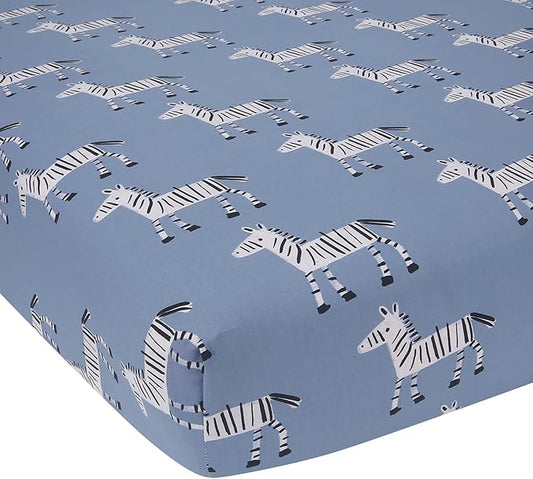 Lambs & Ivy Signature Zebra Blue Organic Cotton Breathable Fitted Crib Sheet