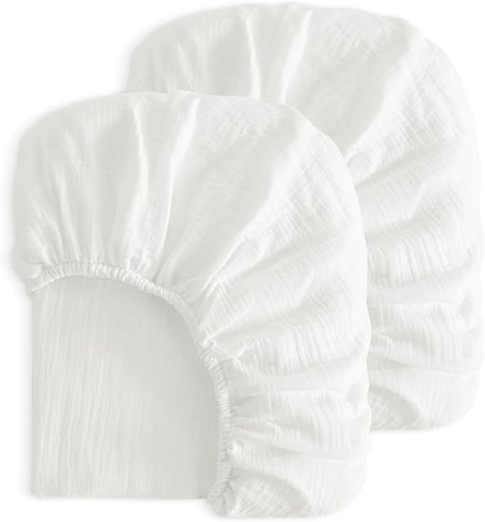 NTBAY 2 Pack Muslin Cotton Mini Crib Sheets, Soft and Breathable Double Layer 24x38 Baby Crib Sheets for Mini Crib and Toddler Mattresses, Boys, Girls, Unisex, White, 24x38 Inches