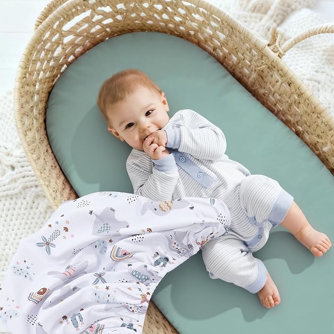 3 Pack Stretchy Bassinet Sheets - Universal Fit for Rectangle, Round, Oval, Hourglass Cradles & Moses Baskets - Soft Breathable Fitted Bassinet Sheets Set for Baby Boy Girl - Mint Green & Elephant