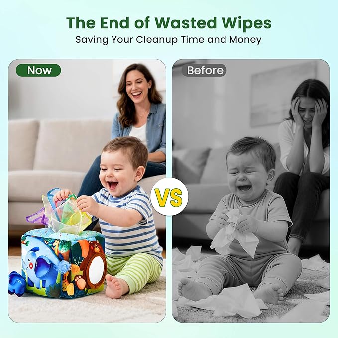 Baby Toys 6-12 Months - Baby Tissue Box Toy for 6 9 12 18 Months Old Montessori Sensory Toys for 1 Year Old Boy Infant Scarf Toy with Crinkle Tissues & Fine Motor One Year Old Boy Birthday Gifts