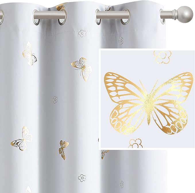 Jubilantex Gold Butterfly Blackout Curtains on Greyish White with Black Layer,Thermal Insulated Window Curtains for Bedroom Girls Room,52x84,2 Panels