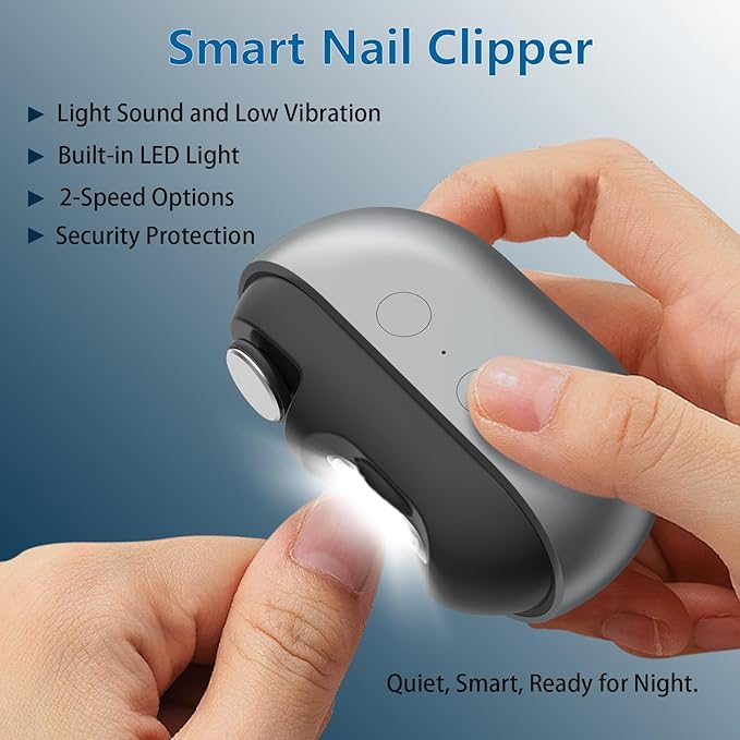 Smart Electric Nail Clipper, 3-in-1 Automatic Nail Trimmer & Polisher with 2 Speeds, LED Light, Rechargeable Nail Clippers for Seniors, Low Vision, Women, Men and Kids (Gray)