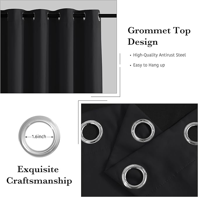 RYB HOME 100% Blackout Black Curtains for Bedroom Living Room, Thermal Insulated Heat Blocking Noise Reducing Window Curtains & Drapes for Kids Room, 52 inches Wide by 90 inches Long, 2 Panels Set