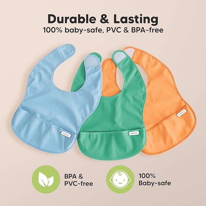 KeaBabies 3-Pack Waterproof Baby Bibs for Eating - Lightweight Toddler Feeding Bibs with Large Food Catcher, Mess Proof, Food-Grade Baby Eating Essentials, Easy to Put On & Clean (Slate)