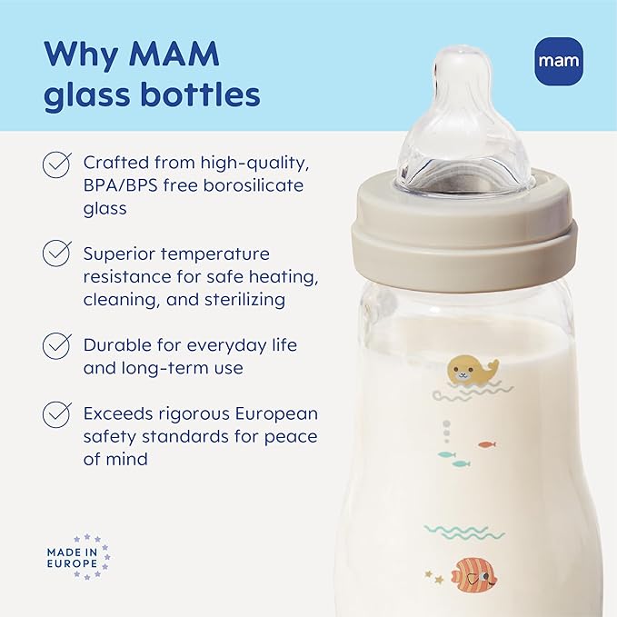 MAM Premium Glass Baby Bottles, Easy Switch Between Breast and Bottle, Feel Good Medium Flow, Newborn Essentials Must Have, 2+ Months, BPA Free, 9oz, Girl, 3 Pack