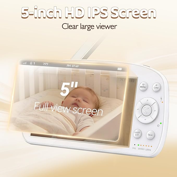 Baby Monitor with Camera and Audio, No WiFi, 5" HD IPS Screen & Remote Pan-Tilt-Zoom, HD Night Vision, 2-Way Talk, Cry Notifications, Temperature Sensor, 5 Lullabies, 1000ft Long Range