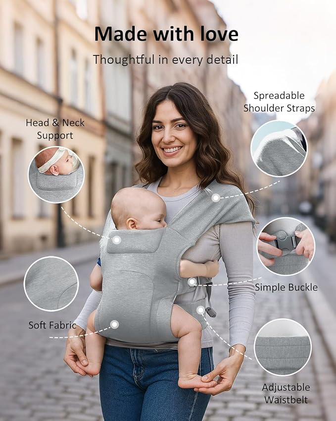 HEYVALUE Baby Carrier Newborn to Toddler(7-35lbs), Ergonomic Cross-Back Wraps with Adjustable Straps, Newborn Carrier with Effortless Put-On, Head Support for Hands-Free Comfort, Gray Leopard