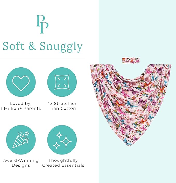 Posh Peanut Swaddle Blanket & Headband Set – Viscose from Bamboo Stretchy Baby Swaddle for Newborn Girls, Receiving Blanket or Nursing Cover (Watercolor Butterfly)